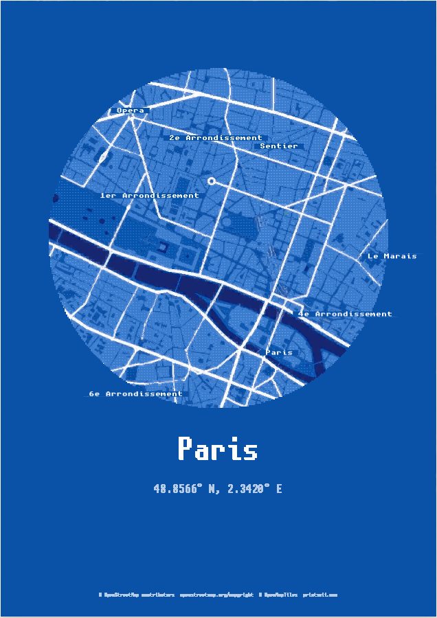 Paris, in a circle as a Blueprint print