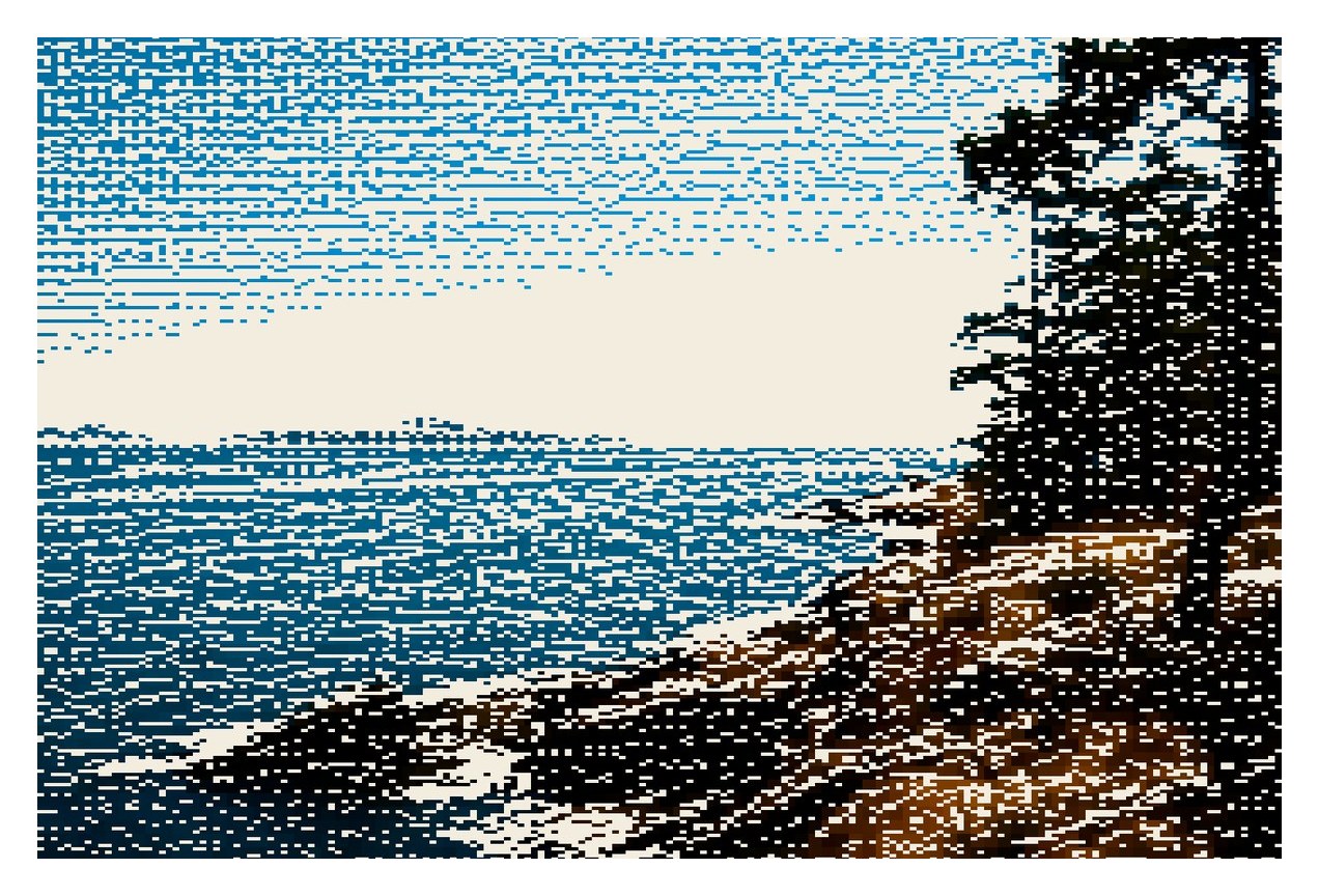 A rocky coast, in Braille on paper, drawn in characters as a print