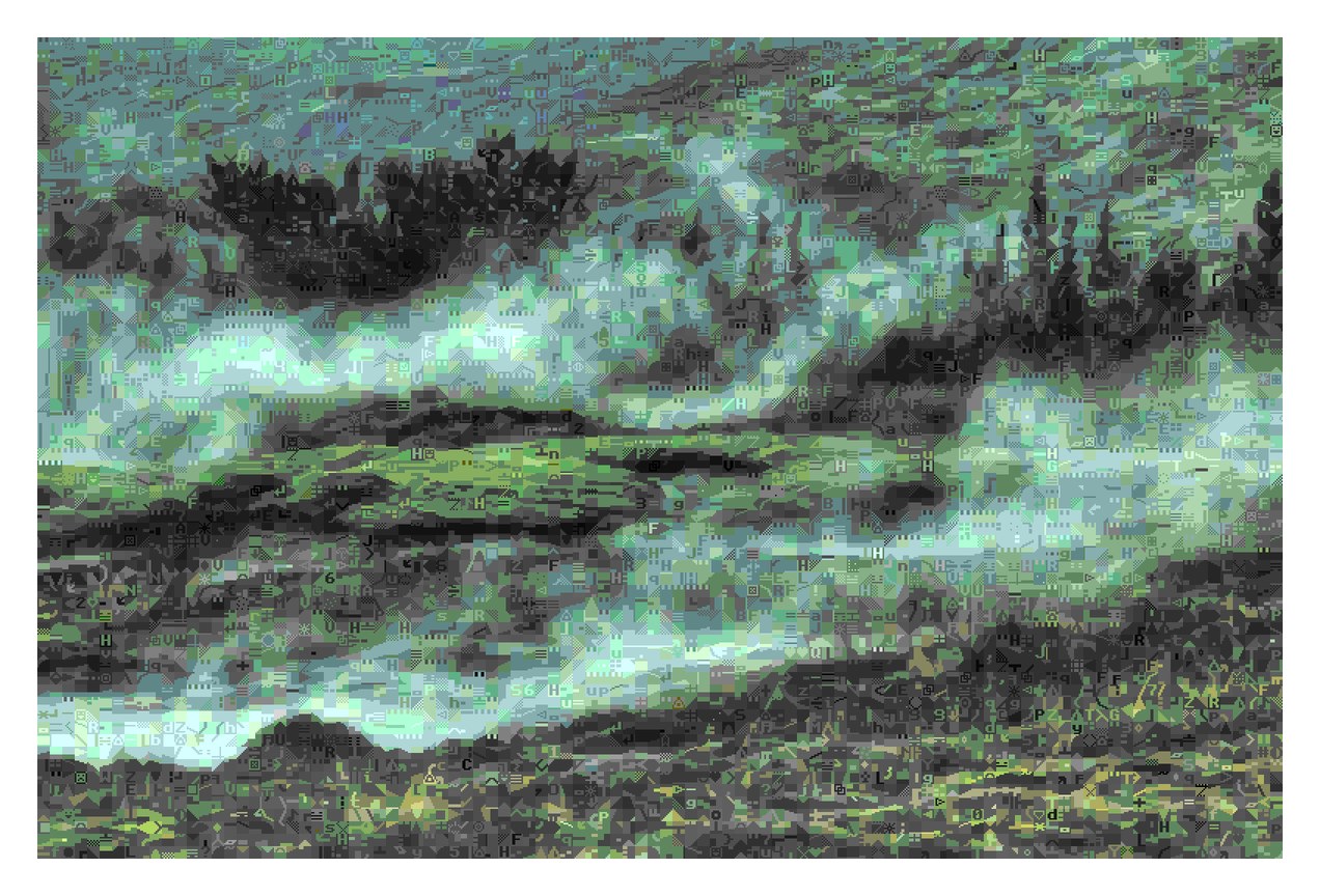 A misty treeline, drawn in characters as a print